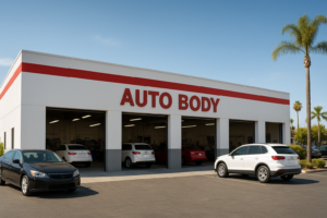 Brea Auto Body shop interior with technicians repairing vehicles