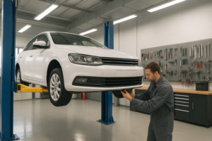 Brea Auto Body shop interior with technicians repairing vehicles