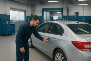 Brea Auto Body shop interior with technicians repairing vehicles